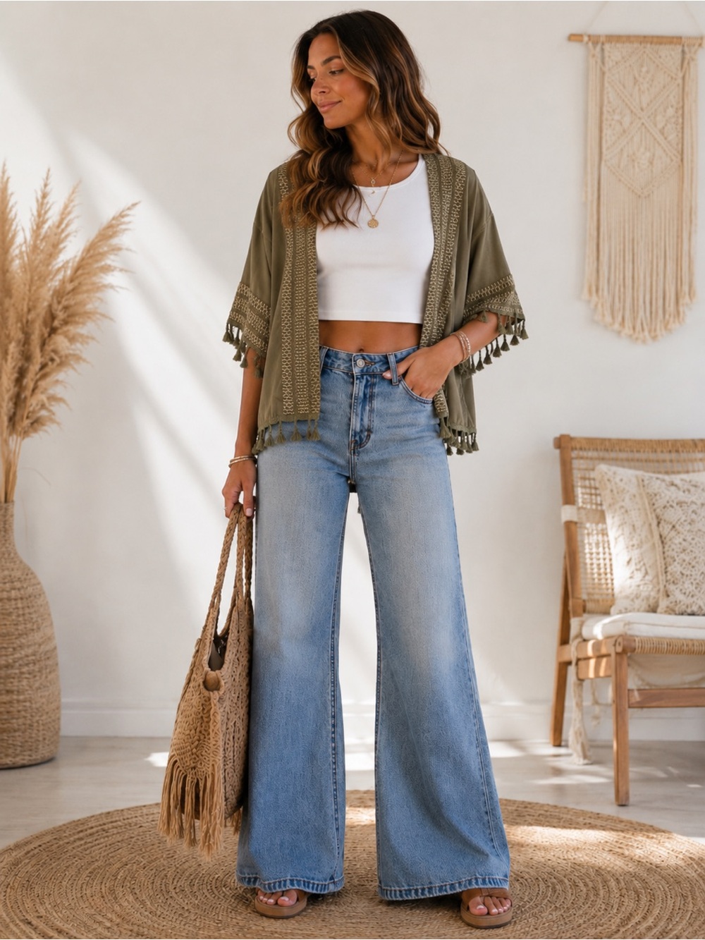 POL Olive Green Tassel Kimono Cardigan NWT Small Boho Festival Boutique
